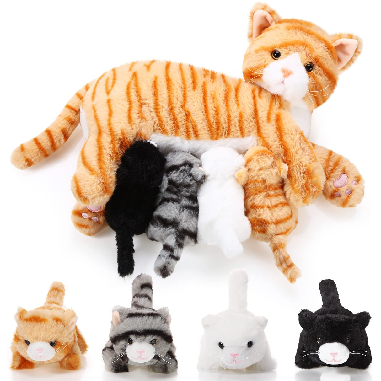 Skylety Nurturing Cat Stuffed Animal with 4 Plush Kittens, Cat Baby Stuffed for Girls Boys Plushy Mommy Kitty with Baby Kittens for Christmas Birthday Party Favors Gifts(Cute Style)