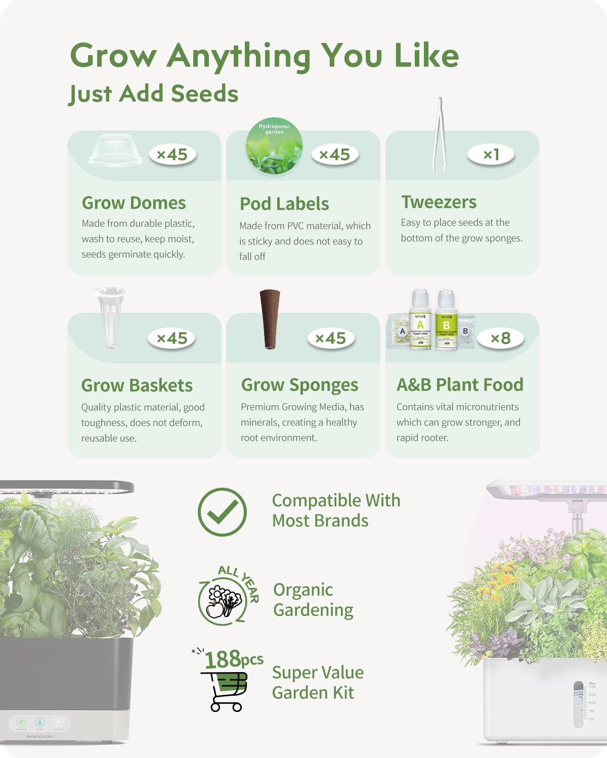 URUQ 188pcs Hydroponic Pods Kit Compatible with AeroGarden & Most Brands