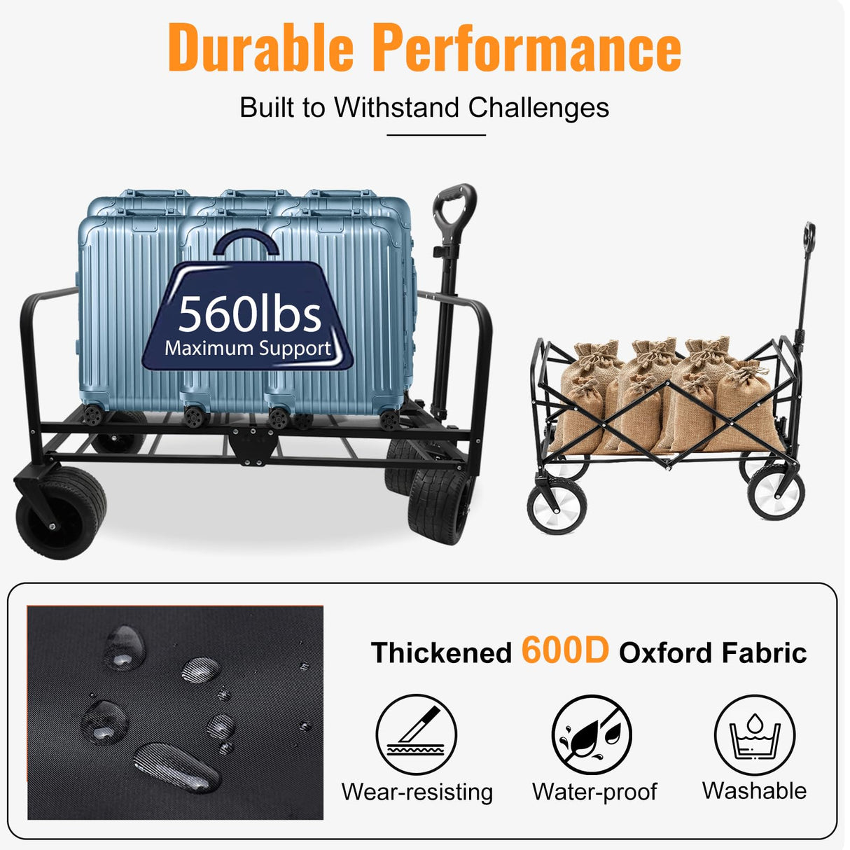 Collapsible Foldable Wagon Cart with Wheels 240L Capacity Folding Sports Wagons, 560LBS Load Large 3-in-1 Grocery Heavy Duty Carts for Sand, Beach, Camping, Fishing