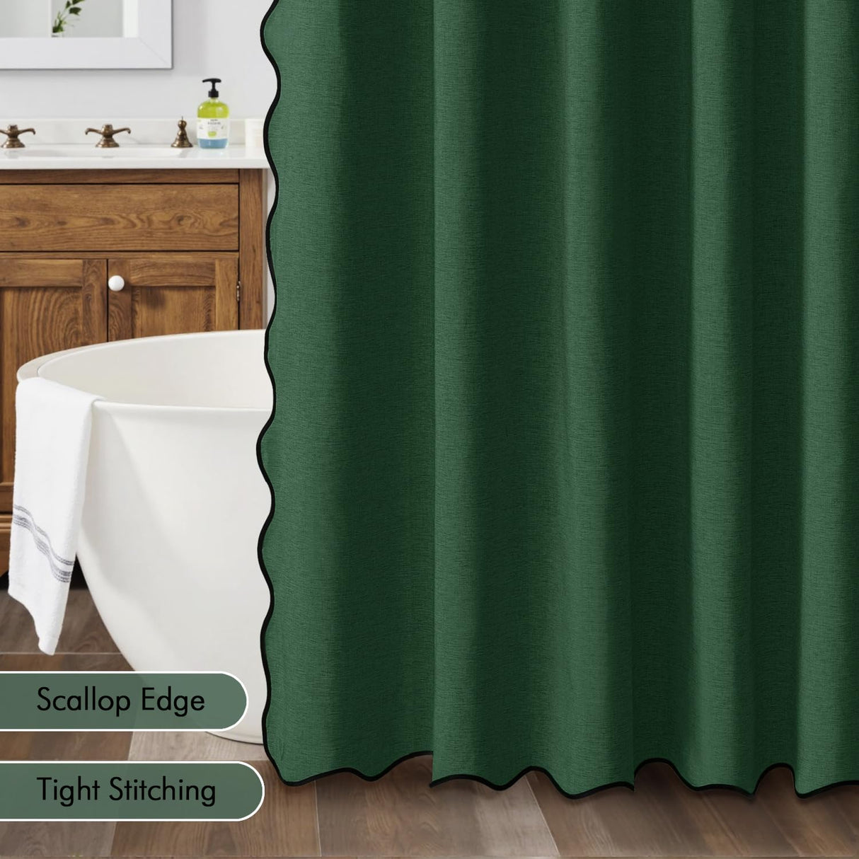 MIULEE Christmas Dark Green Scalloped Shower Curtain Linen Textured with 12 Metal Hooks Cute Heavy Duty Washable Waterproof Thick Cloth Shower Curtains with Black Border for Bathroom Hotel,W72*L72