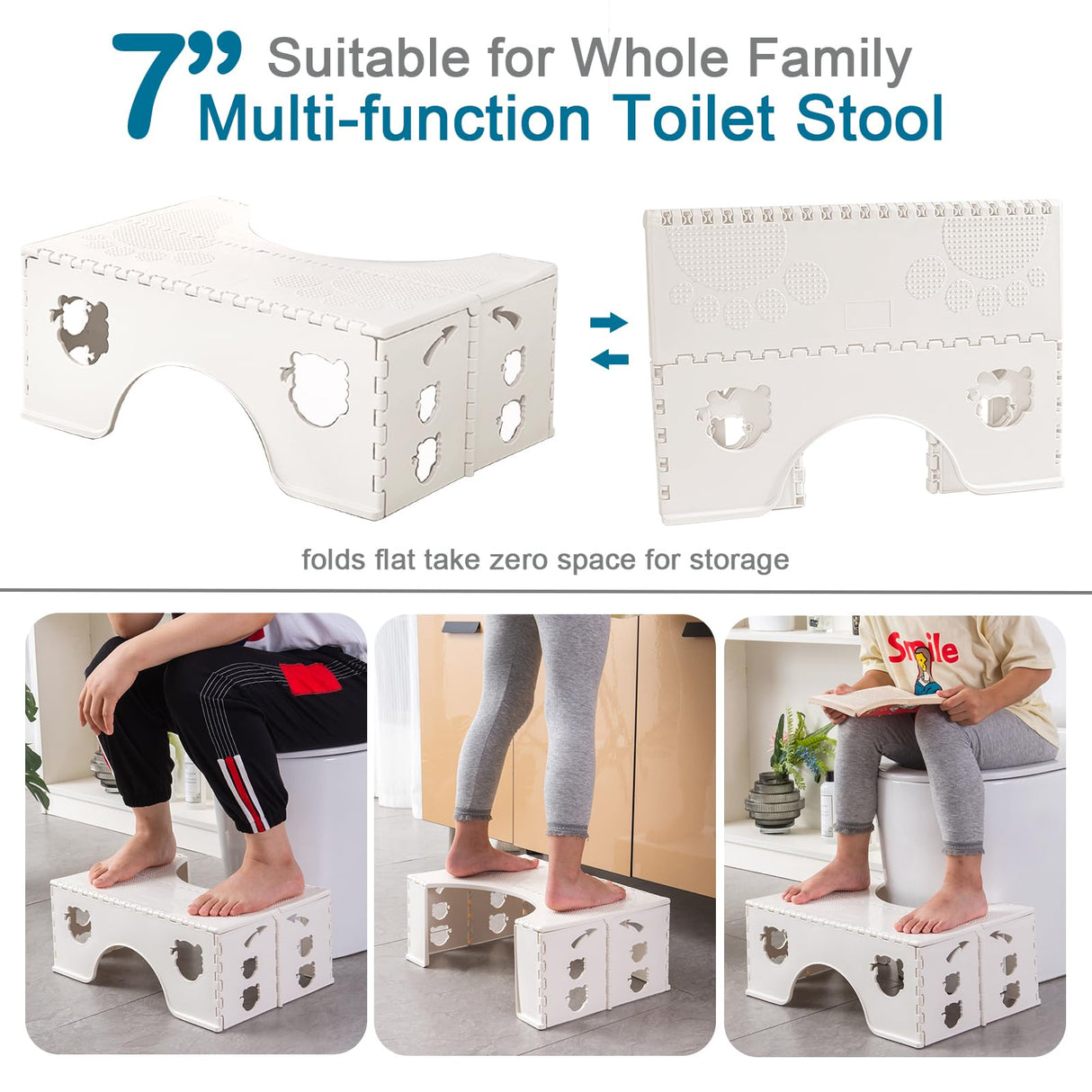 Foldable Toilet Stool, 7 inches Healthy Squatting Posture Poop Stool with Anti-Slip Feet by CHEAGO, Portable Travel Foot Stool for Toilet, Unique Folding Design Compact&Wide footrest (Snow White)
