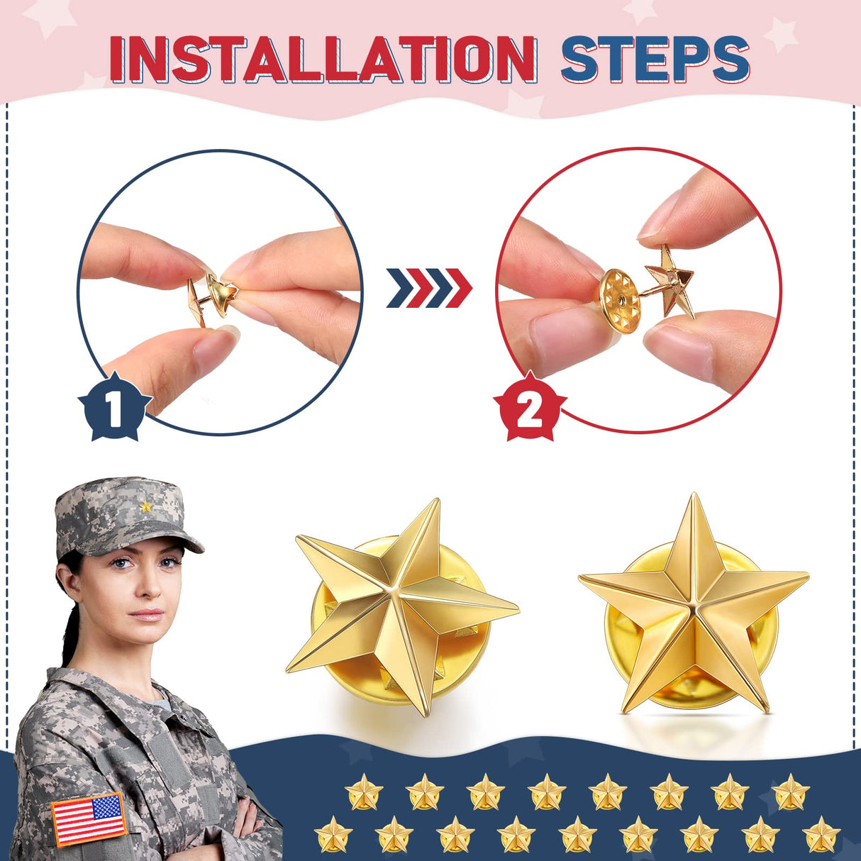 Fumete 100 Pcs Gold Star Lapel Pins, Independence Day Star Pins, Military Award Labor Day Brooches for Backpacks Hats 4th of July Costume Decoration