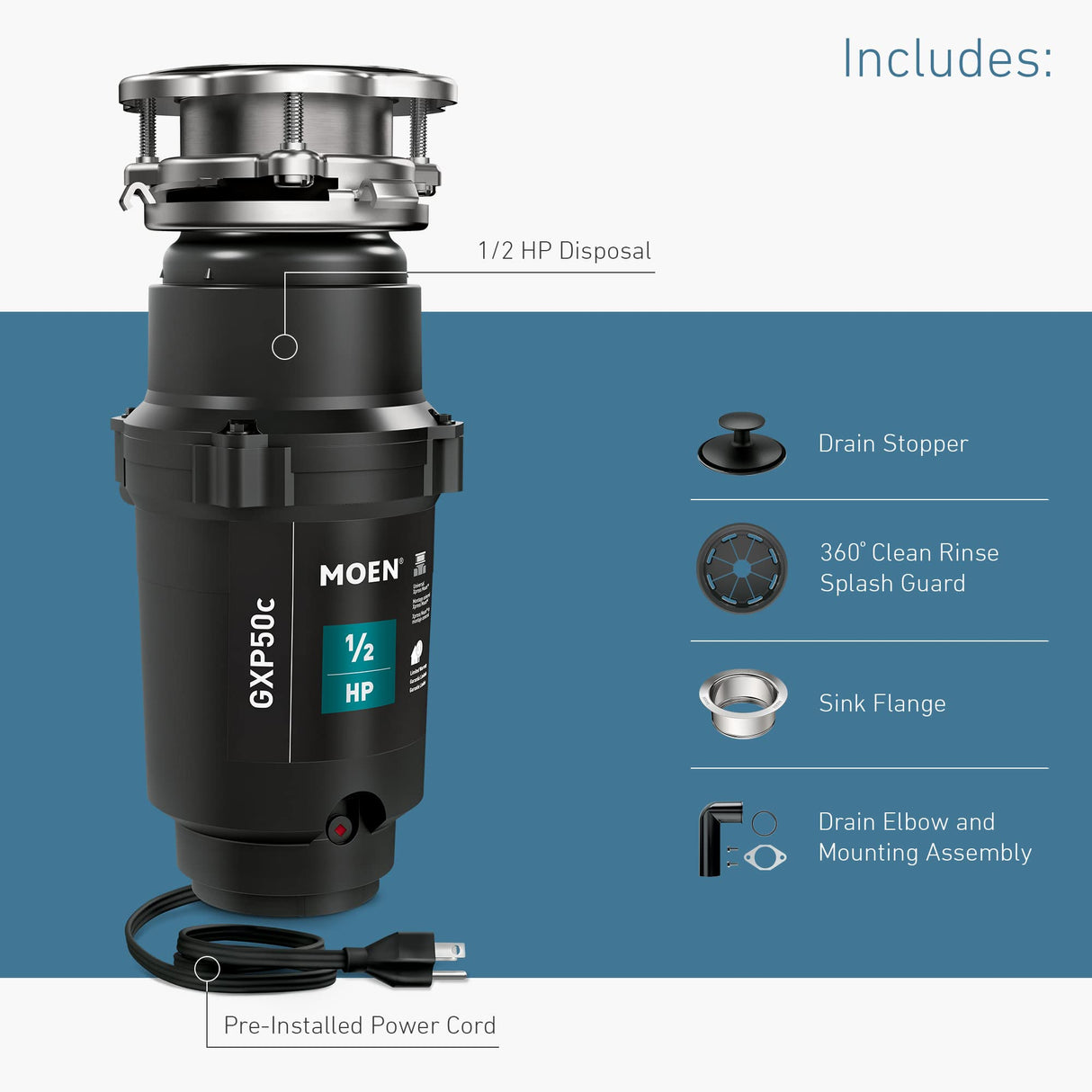Moen Prep Series PRO Continuous Feed Compact Garbage Disposal for Kitchen Sink with Power Cord, GXP50C