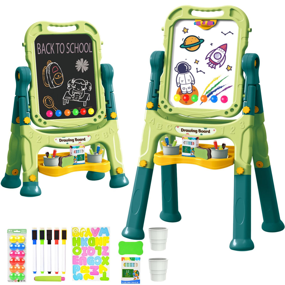 Amagoing Easel for Kids, Adjustable Standing Art Easel for Toddler, Double Magnetic Drawing Board with Painting Accessories, Birthday Christmas Gift for Little Boys and Girls, Middle Size (Green)