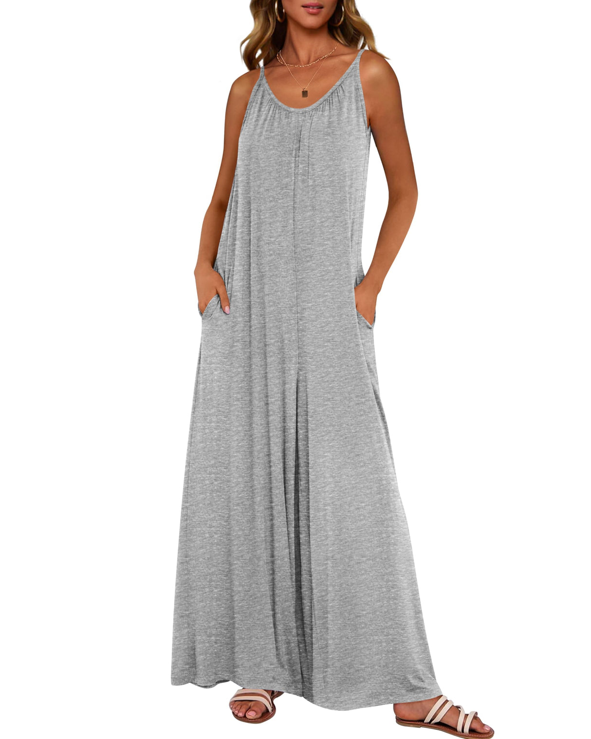 dowerme Women's Summer Clothes Casual One Piece Jumpsuits 2025 Spaghetti Strap Loose Wide Leg Pant Rompers Beach Outfits(Grey,Small)