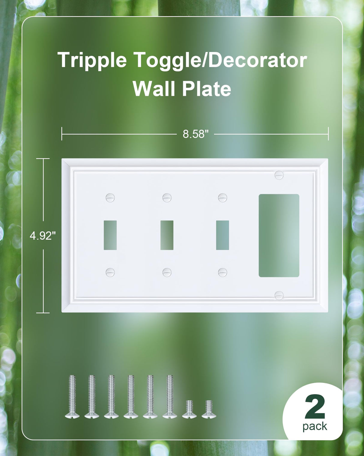 2-Pack Combo Triple Toggle/Decorator Outlet Cover Plate, Pure White Decorative Switch Plates and Outlet Covers, Durable Natural Bamboo Fiber Wall Plates for Electrical Outlet, Receptacle, GFCI Outlet