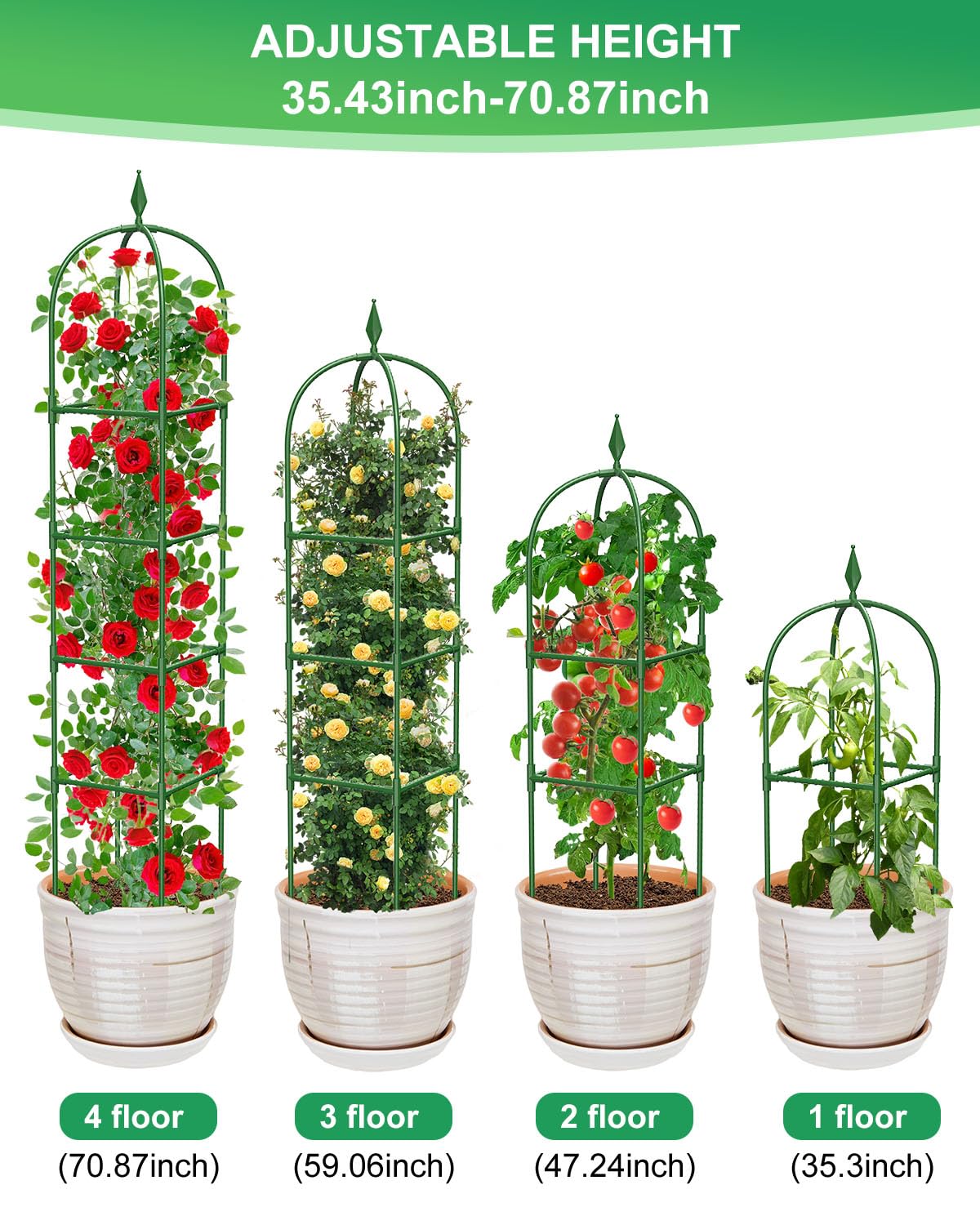 MYMULIKE 2 Pack Garden Obelisk Trellis for Climbing Plants Outdoor & Indoor - 6Ft Rustproof Garden Trellis Plant Support Cage for Vines, Flowers, Vegetables, Roses | Heavy-Duty, Adjustable