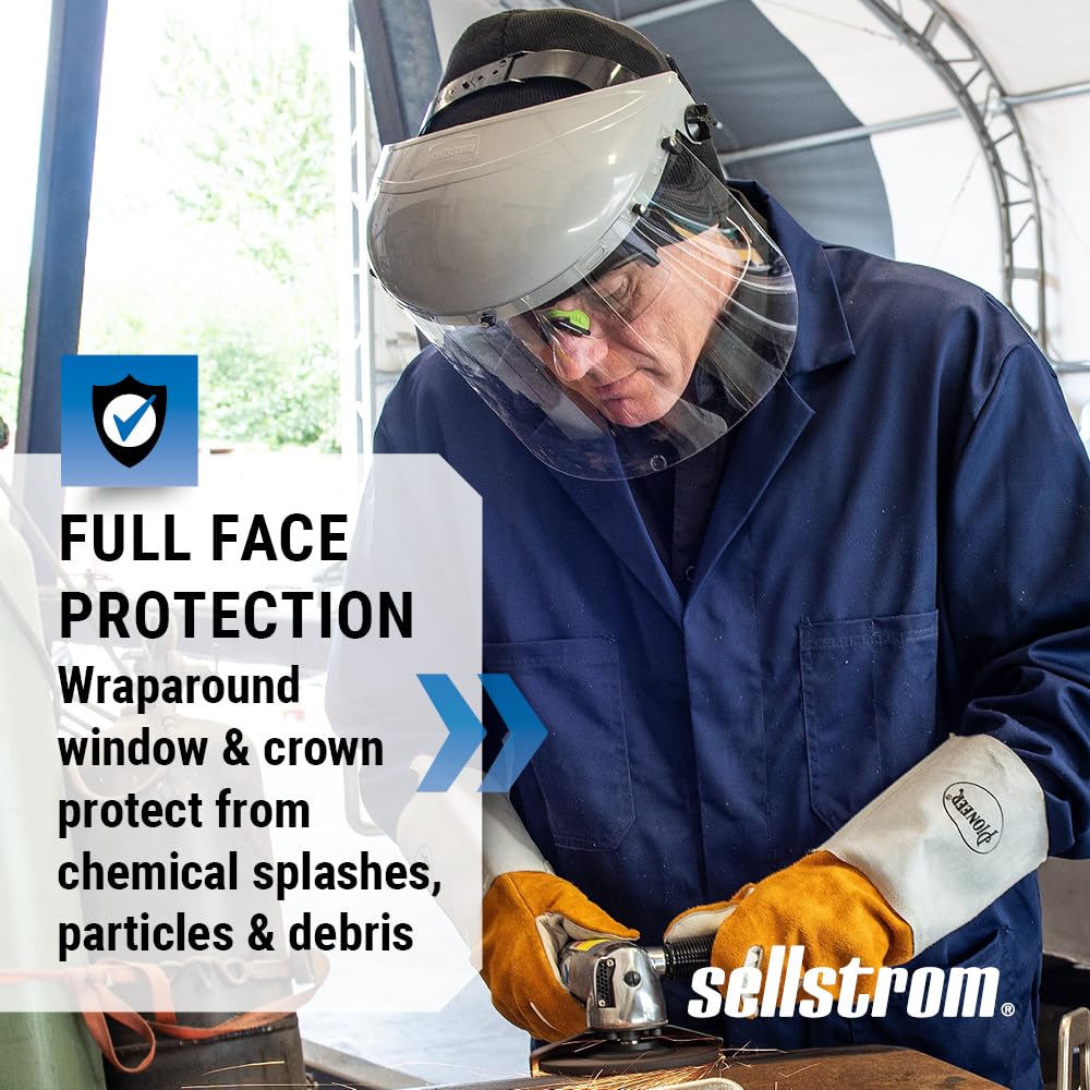 Sellstrom 301 Advantage Series Face Shield - Lightweight, High Impact, Unbound, Polycarbonate Window with Protective Crown & Adjustable Ratchet Headgear, for Work, Grinding, Cutting - ANSI Z87.1