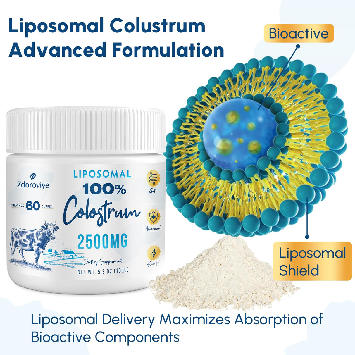 Liposomal Bovine Colostrum Powder Supplement 2500 mg, Higher Absorption Than Regular Bovine Colostrum (60 Servings)
