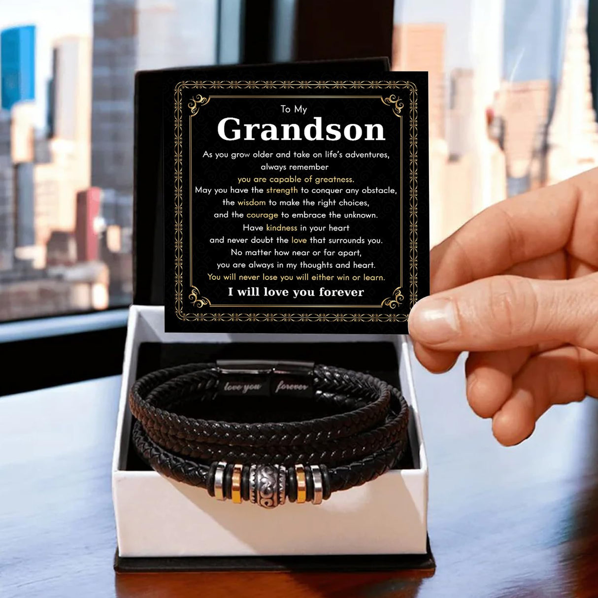 Mapileng To My Grandson – Braided Leather Bracelet with Love You Forever Message, Thoughtful Gift from Grandpa & Grandma with Elegant Gift Box – Ideal for Birthday, Graduation, Christmas For Grandson