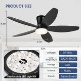 Surtime 42" Ceiling Fans with Lights-Low Profile Ceiling Fan with Light and Remote/APP Control,Flush Mount,DC Reversible,LED Dimmable Blakc Ceiling Fans for Bedroom,Indoor/Outdoor Patio Use