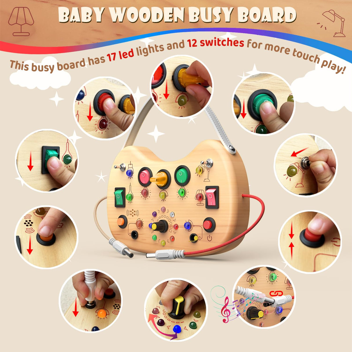 UdoUto Montessori Wooden Busy Board for Toddlers with LED Light Lights & Switches,Portable Activity Board for Car & Airplane Travel Toys, Christmas & Birthday Gift for 1-3 Year Old Boys & Girls