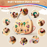 UdoUto Montessori Wooden Busy Board for Toddlers with LED Light Lights & Switches,Portable Activity Board for Car & Airplane Travel Toys, Christmas & Birthday Gift for 1-3 Year Old Boys & Girls