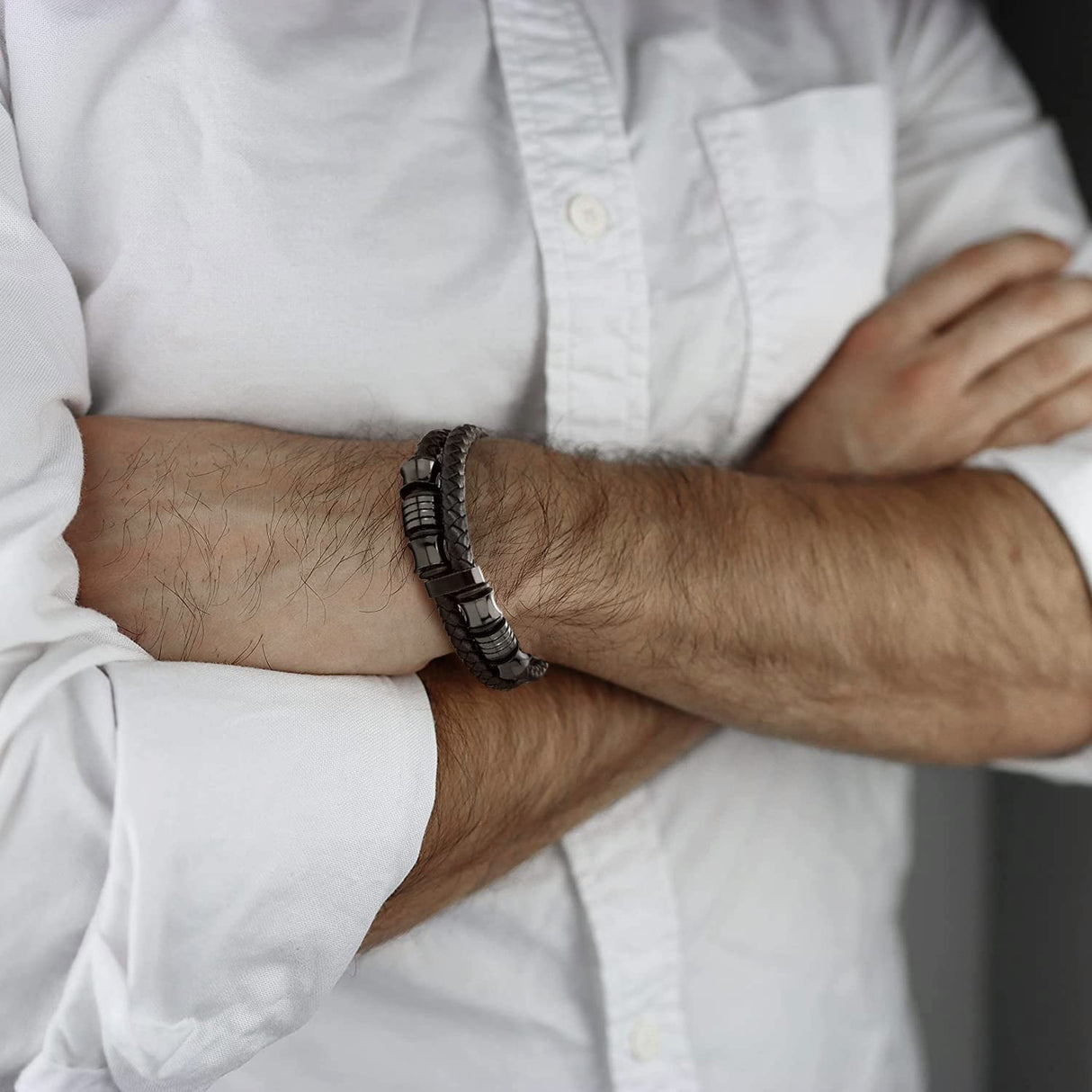 Men's Black Braided Leather Bracelet with Stainless Steel Accents Double-Layer Design Durable Biker Punk Style Wristband Modern Minimalist Fashion Jewelry for Men