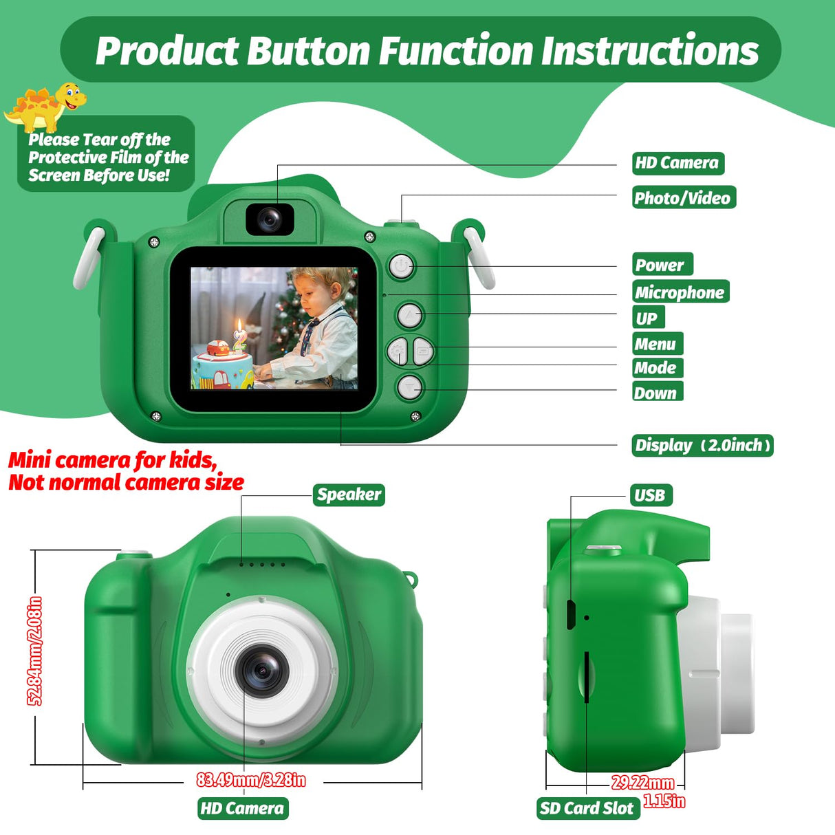 Upgrade Dinosaur Kids Camera, Christmas Birthday Gifts for Girls Boys 3-12, 1080P HD Selfie Digital Video Camera for Toddlers, Cute Portable Little Girls Boys Gifts Toys for 3 4 5 6 7 8 9 Years Old