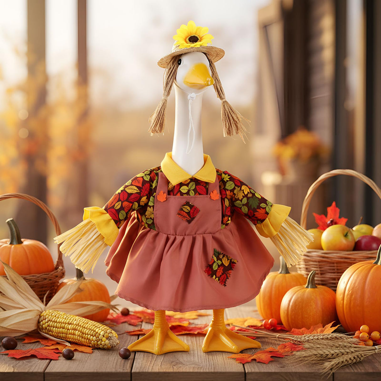 FuWeave Fall Porch Goose Outfit Maple Goose Costume Fancy Porch Geese Clothes with Wide Hat for 23" 17" Outdoor Patio(Scarecrow Style,23 Inch)