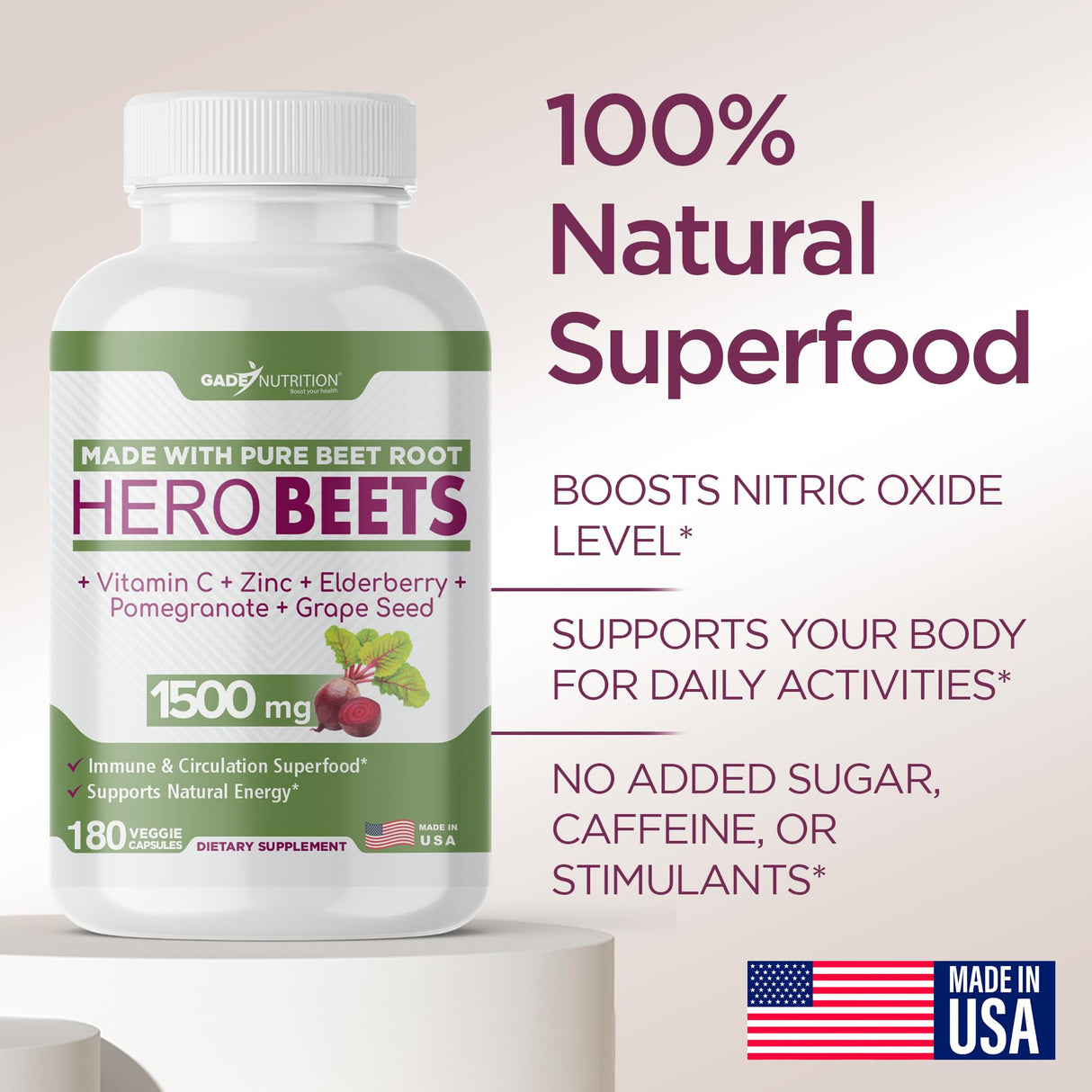Gade Nutrition Hero Beets - Beet Root Capsules 1500mg - Organic Beet Root Powder + Vitamin C Zinc, Elderberry, Pomegranate, Grape Seed Extract - 3 Months Supply