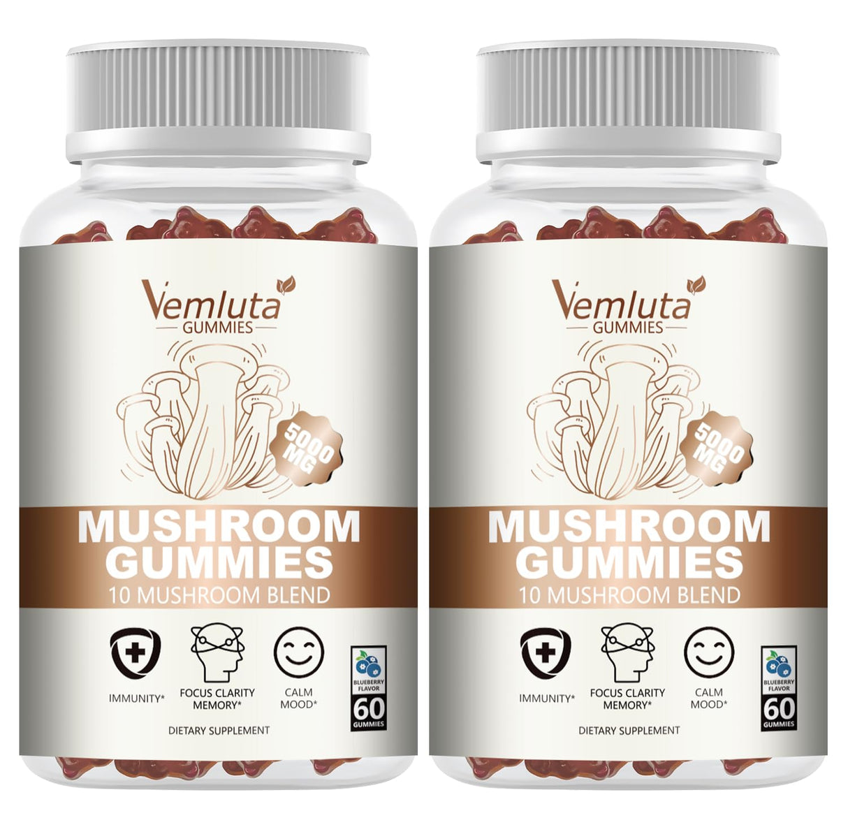 2 Packs 5000MG Mushroom Gummies -10 Blend Organic Mushroom Supplement containing Lion's Mane and Reishi for Brain and Immune Boosting, Vegan Blueberry Flavor, Non-GMO, 120 Counts