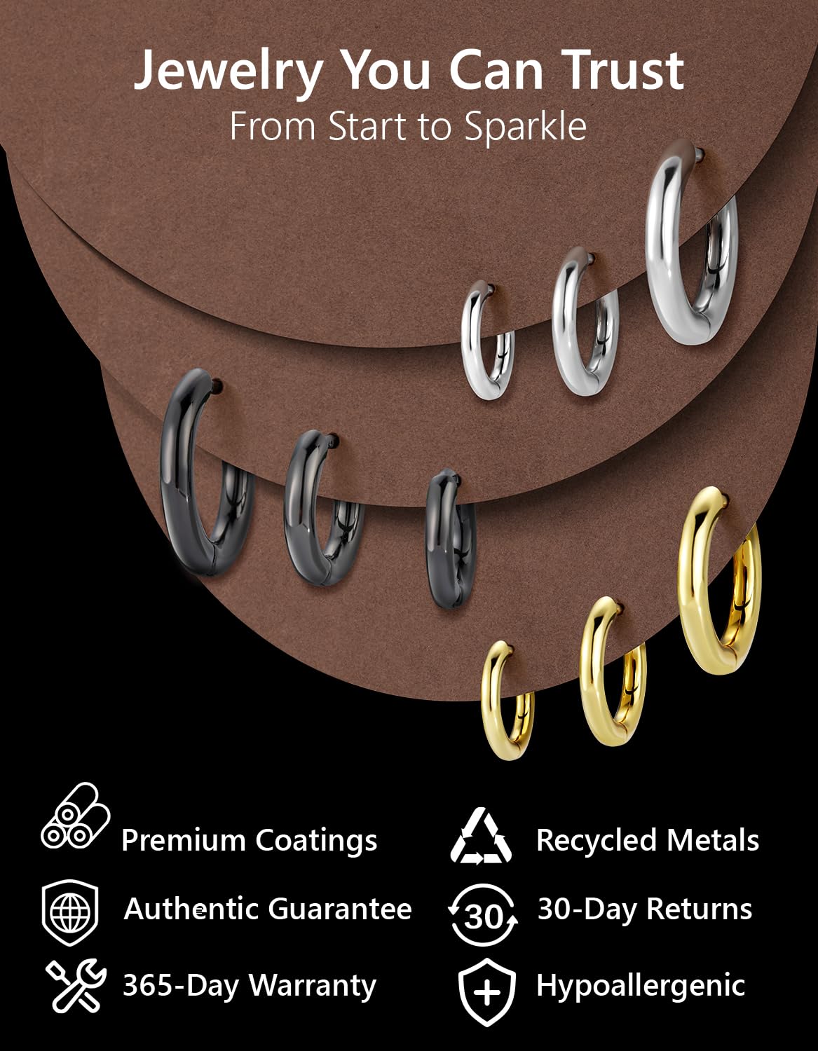 KRKC&CO Hoop Earrings for Men, 925 Sterling Silver Set, White Gold Plated