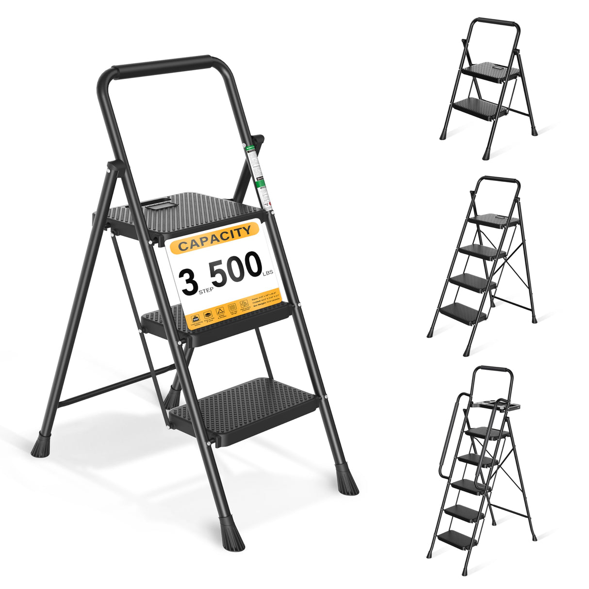 Arbusb Step Ladder, Folding Step Stool with Wide Anti-Slip Pedals, Sturdy Steel Ladder with Handrail, Space-Saving, Portable for Home & Adults, 3 Step Ladder
