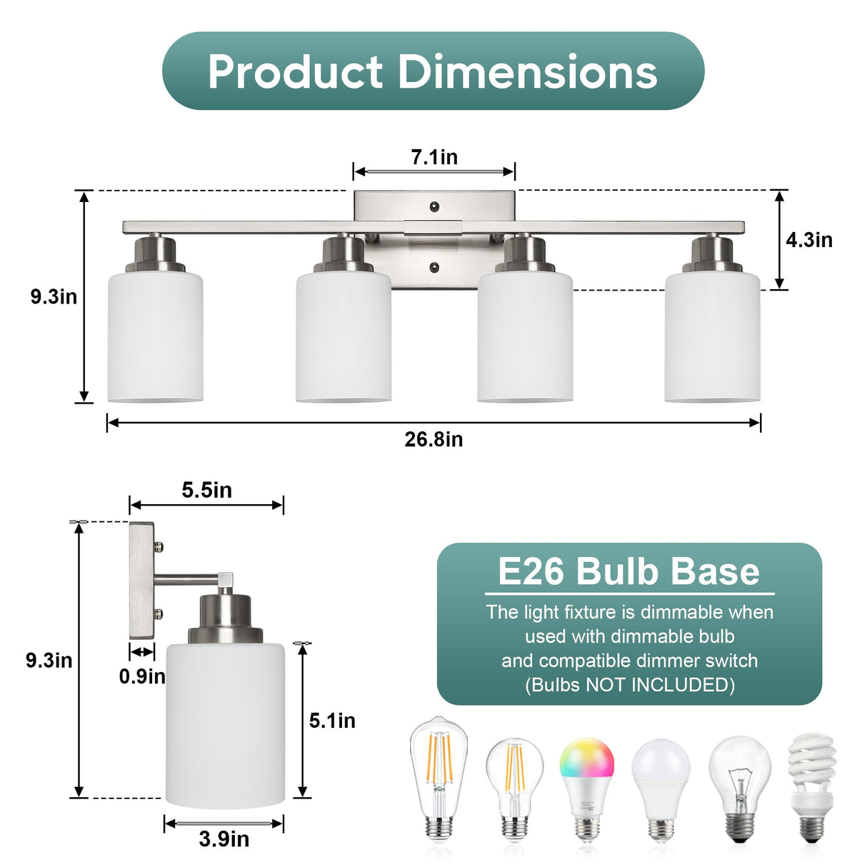 Ascher Bathroom Light Fixtures, 4-Light Vanity Light Over Mirror, Brushed Nickel Wall Sconces with Milky White Frosted Glass Shades, Wall Lamp for Living Room Bedroom, E26 Base(Bulbs Not Included)