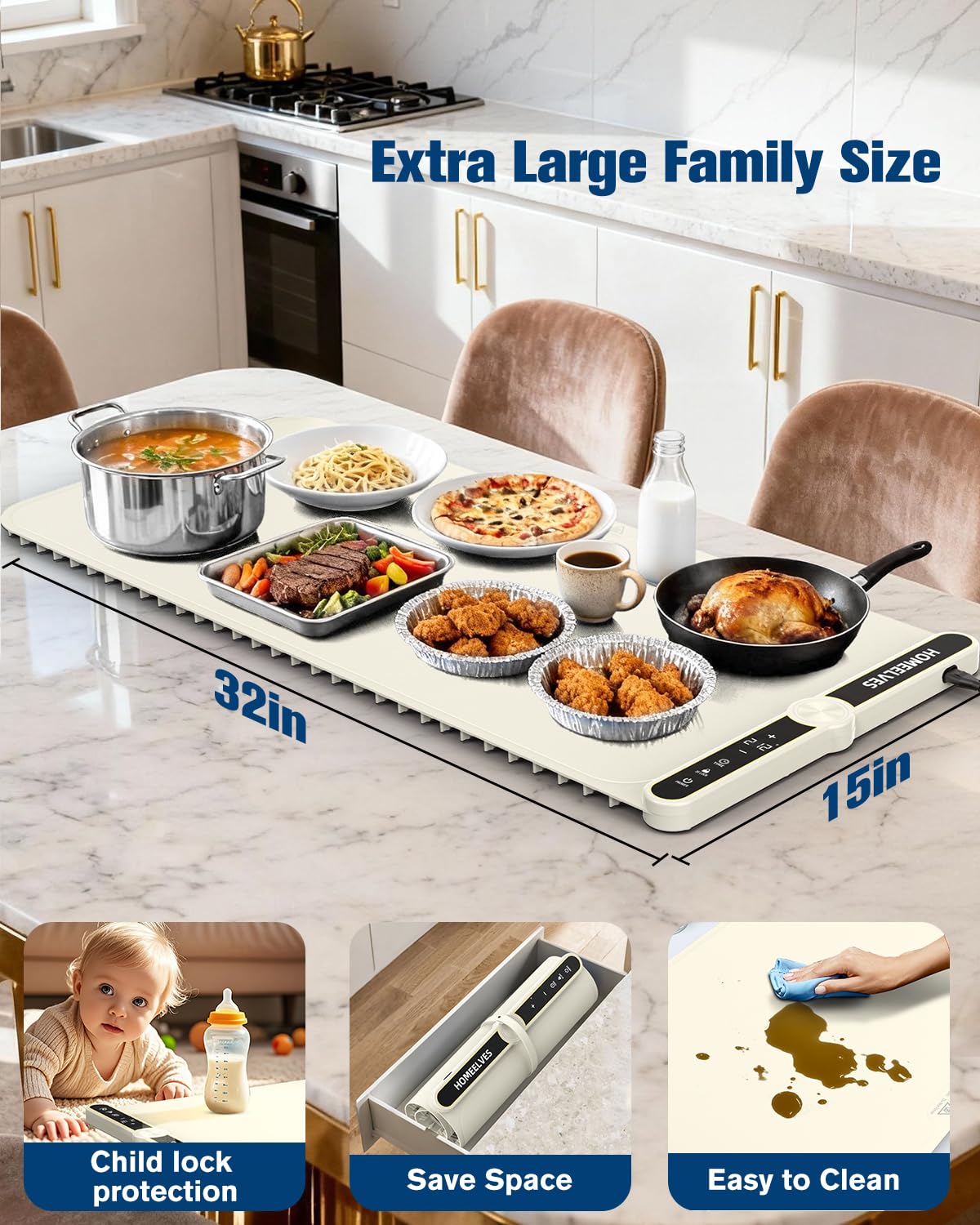 Food Warming Mat Extra Large, Rapid Heating Electric Warming Tray with 9 Temp Setting and 6 Hours Timer,Foldable Warming Trays for Food, Portable Food Warmers for Parties Buffet, Beige
