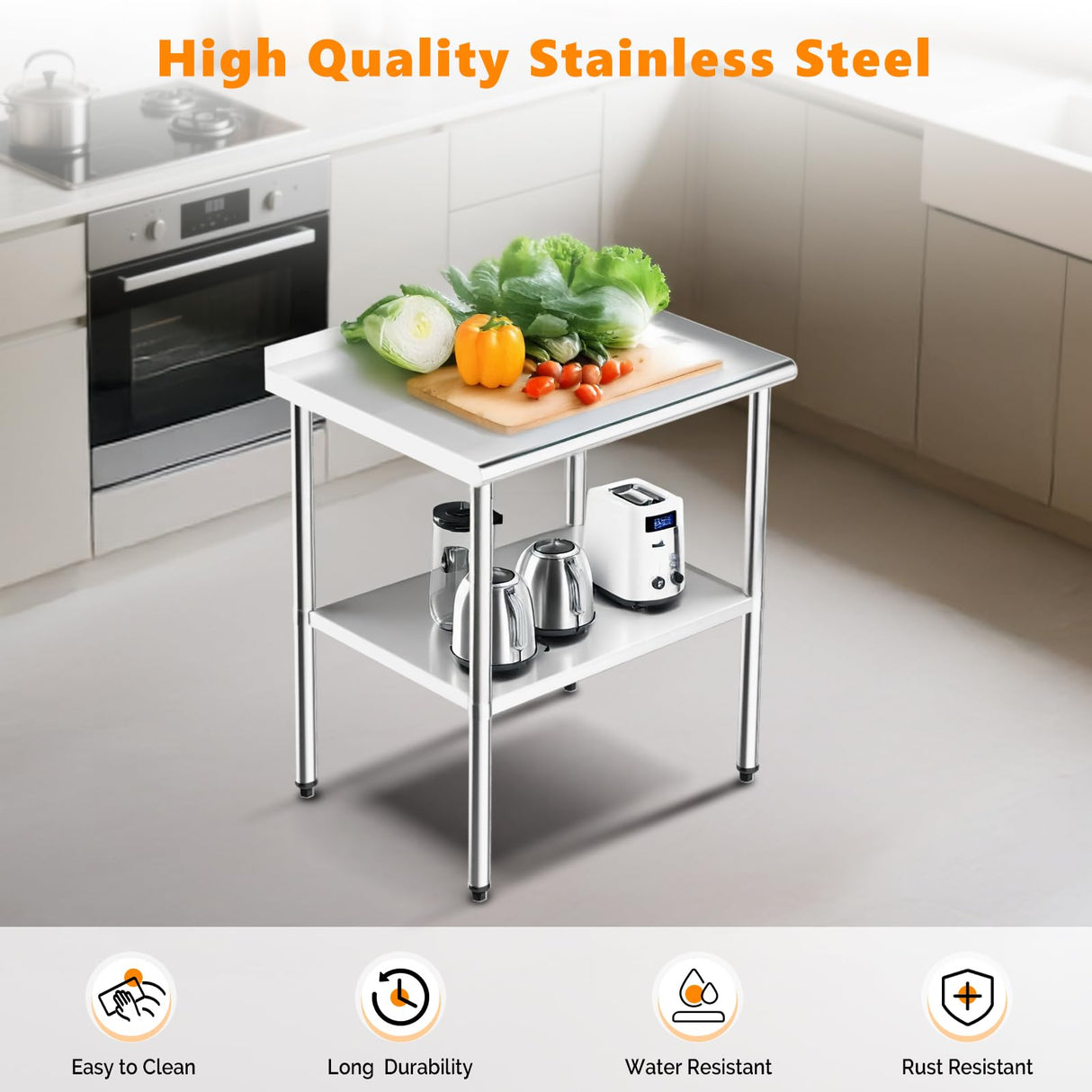 ROVSUN 30'' x 24'' Stainless Steel Table for Prep & Work,Commercial Worktables & Workstations, NSF Heavy Dut Metal Table with Adjustable UnderShelf & Backsplash for Kitchen, Restaurant,Home,Hotel
