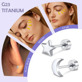 FACOKO 2 Pairs Flat Back Earrings for Women, Silver Star and Moon Earring, Titanium Screwback Studs, Hypoallergenic Silver Cartilage Stud for Sensitive Ears
