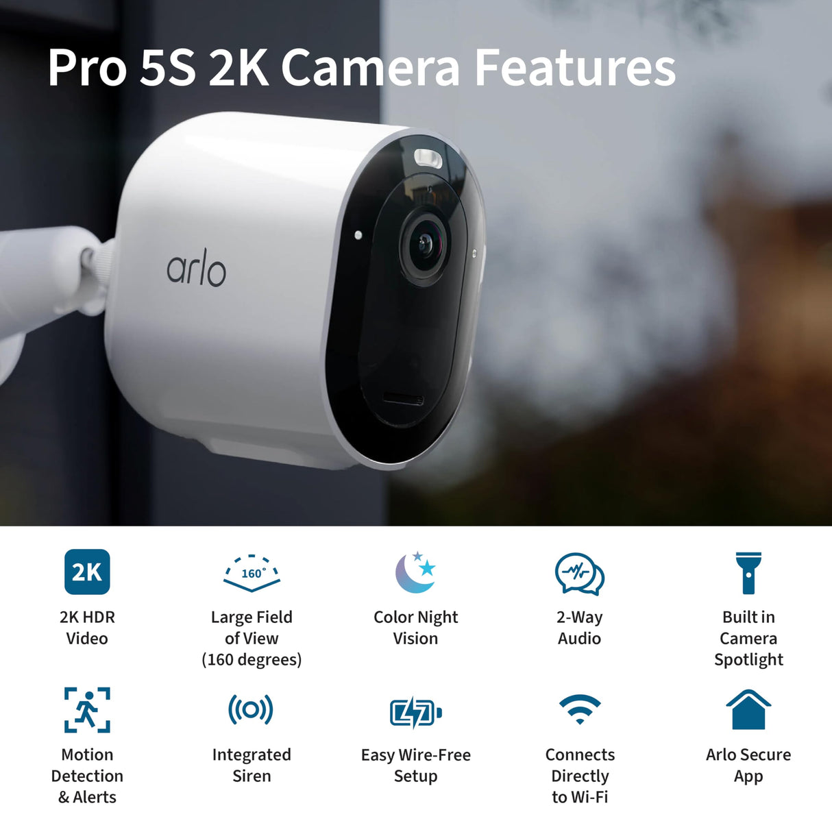 Arlo Pro 5S 2K Spotlight Camera - Wireless Home Security Camera with Spotlight, Color Night Vision, Dual-Band Wi-Fi & 2-Way Audio - White, 3 Pack, VMC4360P