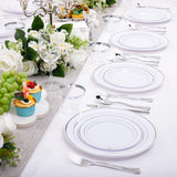 bUCLA 300PCS Silver Disposable Plastic Dinnerware Set - 50 Guests White Silver Disposable Plates Include 50 Dinner Plates,50 Dessert Plates,50 Knives,50 Forks,50 Spoons,50 Cups for Party & Christmas