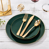 Nervure 100Pcs Green and Gold Plastic Plates - 10.25inch Disposable Green Dinner Plates - Heavy Duty Plastic Plate Ideal for Wedding & Party & Christmas
