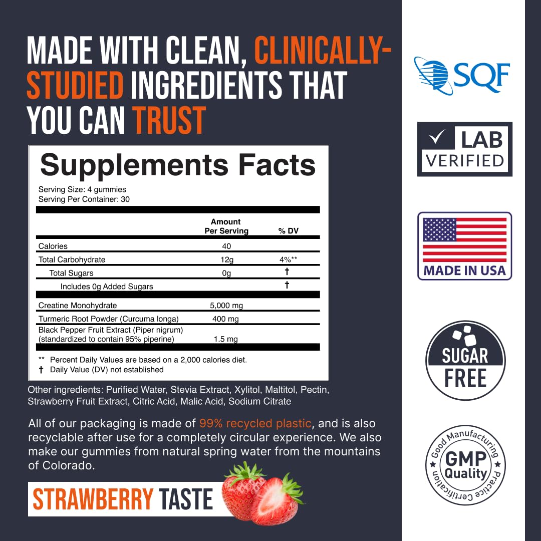 EcoWise Wellness Creatine Monohydrate Gummies 5000 mg, Strawberry Flavor, 120 Sugar-Free Vegan Chews, Creatine Supplement for Daily Routine