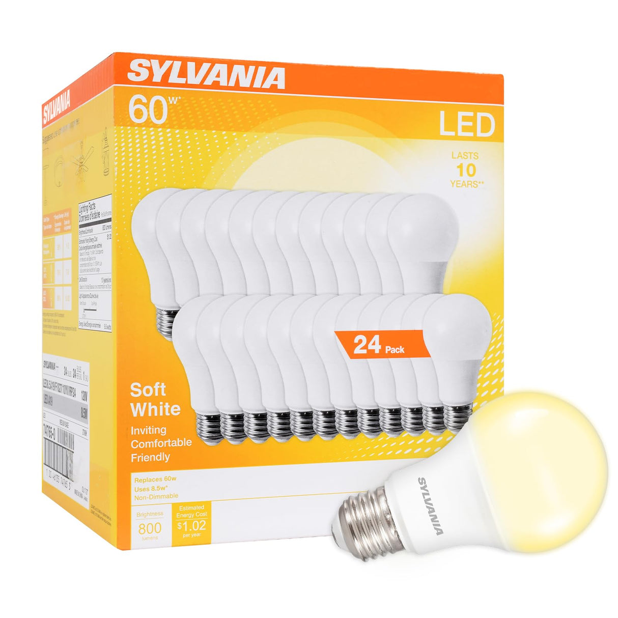 Sylvania LED A19 Light Bulb, 60W Equivalent, Efficient 8.5W, 10 Year, 2700K, 800 Lumens, Frosted, Soft White (74765), Packaging May Vary (Pack of 1, 24 Count Total)