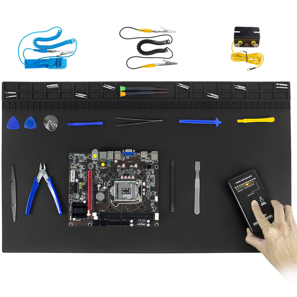 Anti Static Soldering Mat, Extra Large 27.6" x 15.7" Heat Resistant 932°F Large Silicone ESD Safe Work Mat with Grounding Accessories and Anti Static Wrist Strap (Black)
