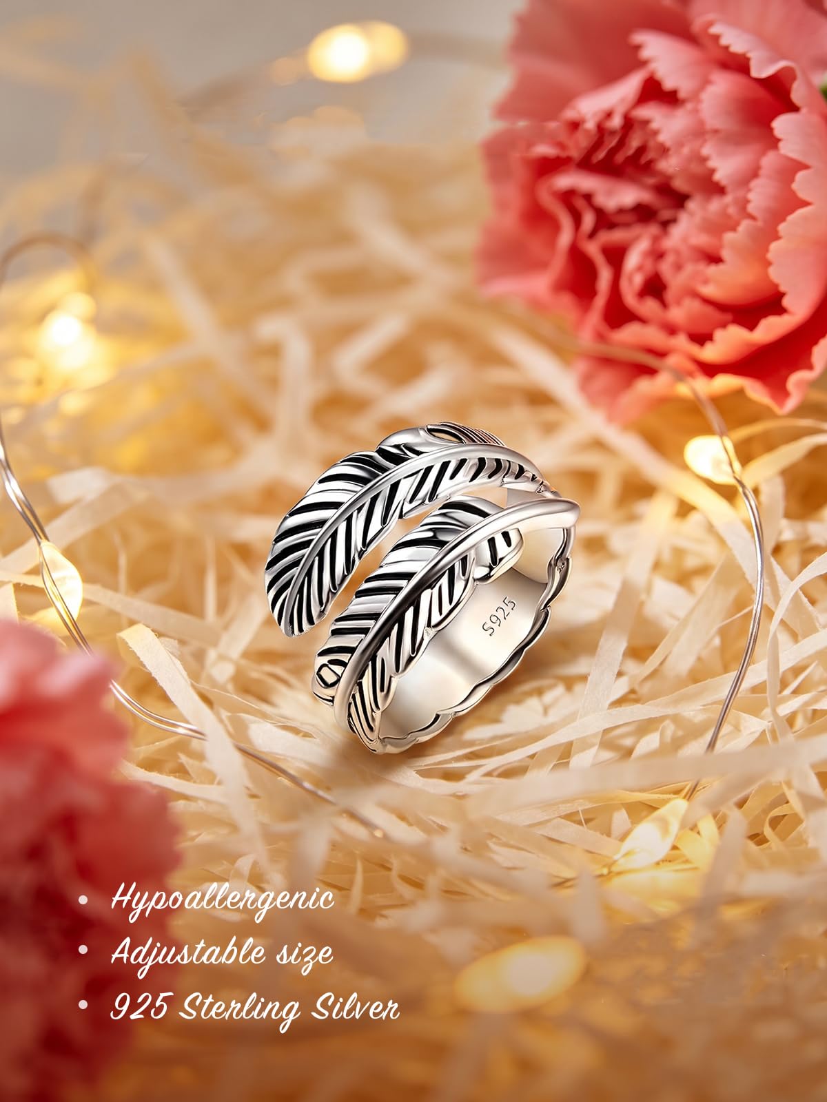 AVECON S925 Sterling Silver Rings, Adjustable Feather Gift for Women & Men