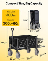 Beach Wagon with Big Wheels for Sand, 260L Capacity, Heavy Duty All-Terrain Folding Wagon with Expandable Rear, Durable Carbon Steel Frame & Big 8.3" Wheels for Beach, Outdoor & Camping Activities