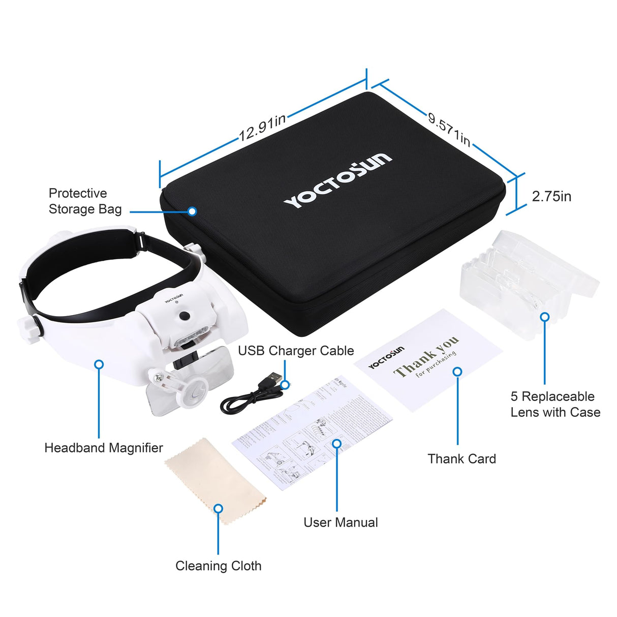YOCTOSUN Magnifying Glasses with Light 1X-14X, Rechargeable LED Headband Magnifier with 6 Lenses and Storage Case, Hands Free Head Magnifying Visor for Close Work, Sewing, Crafts,Jewelry