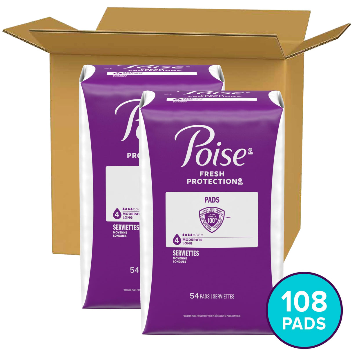 Poise Incontinence & Postpartum Pads for Bladder Leaks, 4 Drop Moderate Absorbency, Long Length, 108 Count, Packaging May Vary