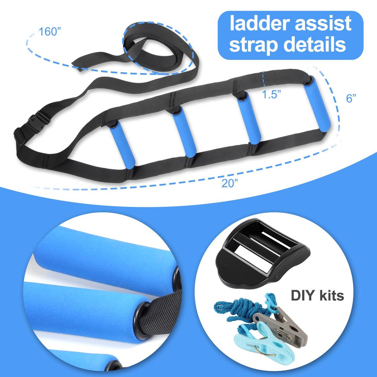 Bed Ladder Assist,Pull up Helper and Sit up Helper 4 Handle Grips,Bed Rail Assistance Devices Adjustable Length Bed Lift for Most Beds Mobility Aid for Elderly, Handicapped,Injured (160 INCHES)