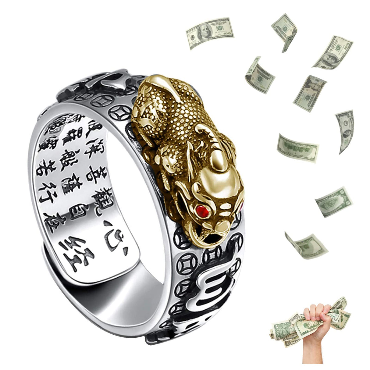 HETICA Feng Shui Pixiu Mantra Amulet Lucky Adjustable Ring
