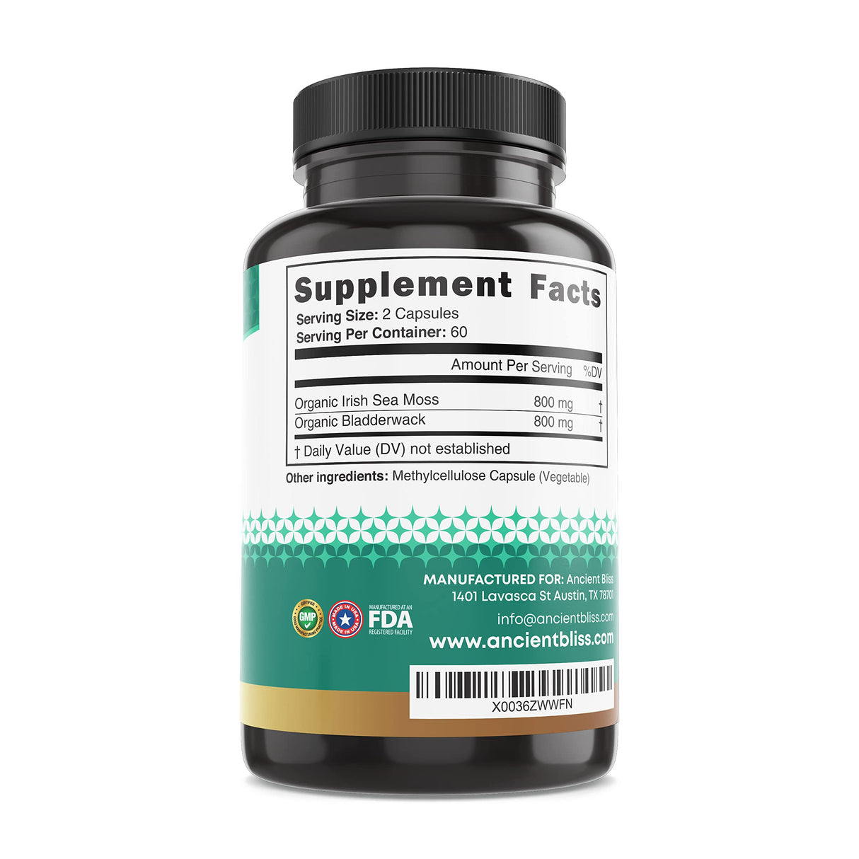 Ancient Bliss Organic Irish Sea Moss Pills - Dr Sebi Wildcrafted Seamoss Capsules | Thyroid, Healthy Skin & Gut Support | 120 Capsules