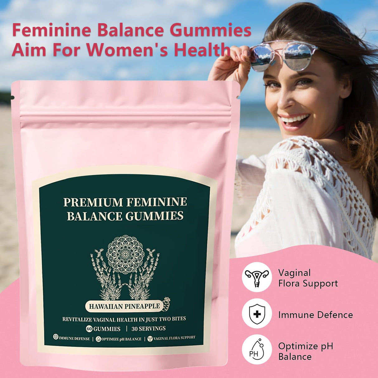 Premium Feminine Balance Gummies for Women, Pineapple Gummies for Women PH Health and Wellness, Hawaiian Pineapple Flavor, Improve Immune, Vegan, Gluten Free, Light Pink, 1 Pack