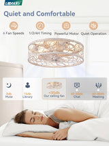 LEDIARY Caged Ceiling Fans with Lights, White Flush Mount Ceiling Fan with Remote&App, Small Low Profile Bladeless Ceiling Fan Light Fixture for Bedroom, Kitchen, Dining Room-White Gold Color