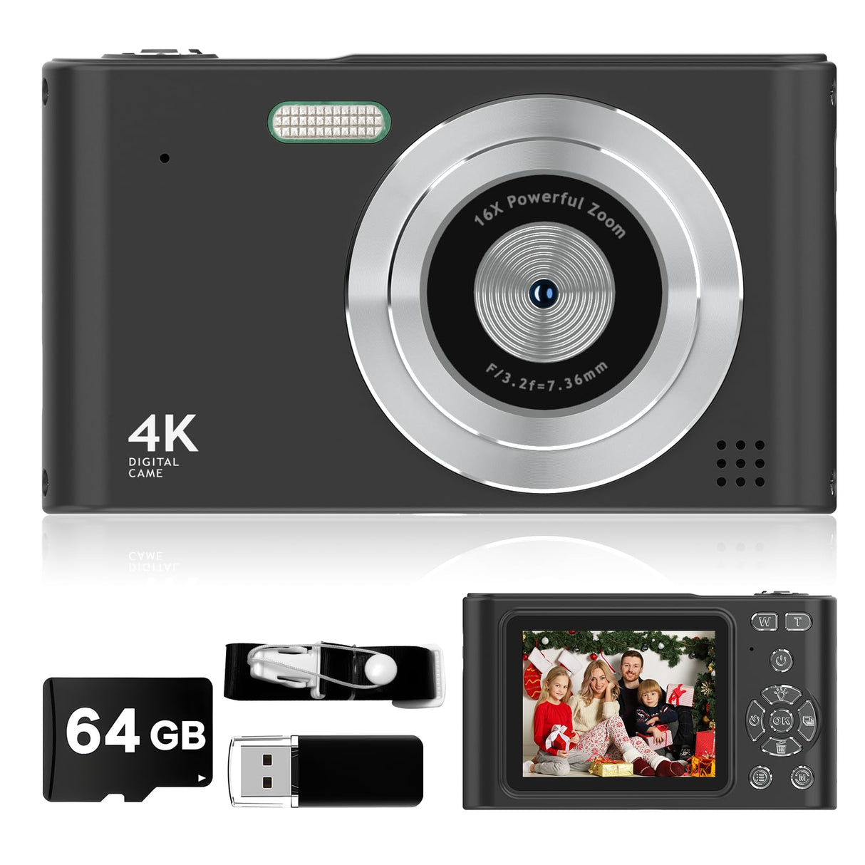 Digital Kids Camera 1080P Vlog Camera with 64GB, Lanyard, 16X Zoom Anti Shake, Card Reader 44MP Compact Portable Point Shoot Digicam for Kid Teen Girl Boy Christmas Halloween Thanksgiving(Black)