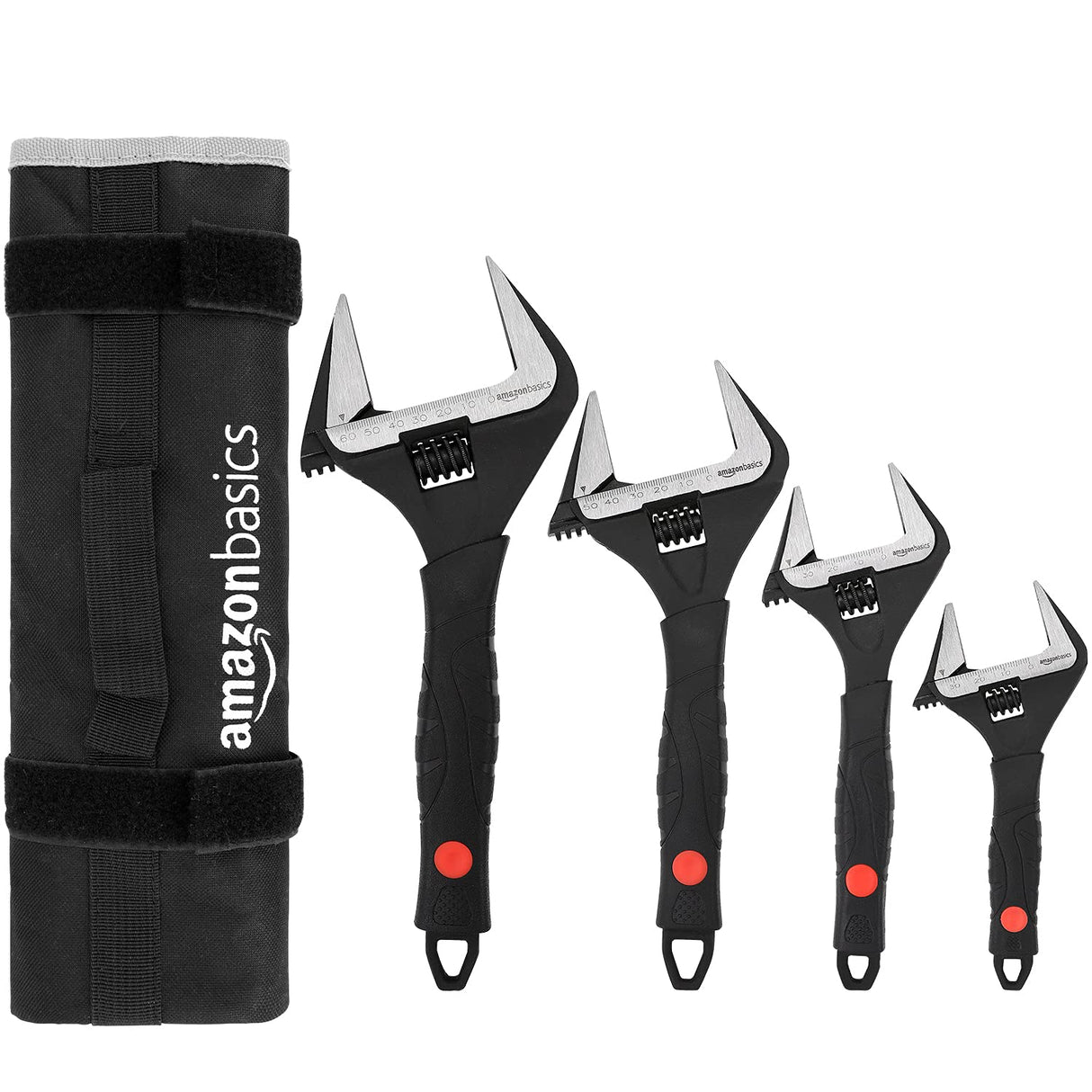 Amazon Basics 4-Piece Wide Jaw Adjustable Wrench Set with Soft Grip, Includes: 6-inch (150mm), 8-inch (200mm), 10-inch (250mm), 12-inch (300mm)