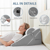 Sasttie Wedge Pillow for Headboard, Adjustable Bed Wedge Pillow Set with Orthopedic Memory Foam Neck Cushion – for Acid Reflux, Neck & Back Support, and Post-Surgery Recovery, White and Dark Grey