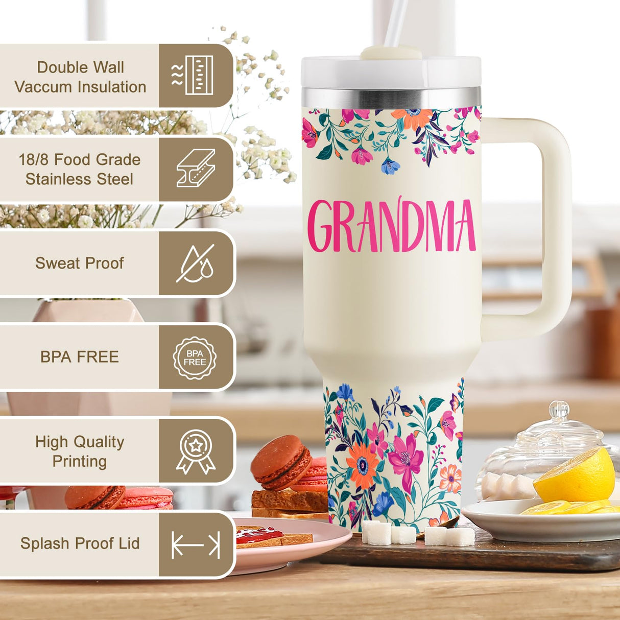 Grandma Gifts Birthday Gifts for Grandma Great Grandmother Gift Ideas Best Grandmother Gift from Granddaughter Grandson for Mothers Day Christmas 40oz Travel Cup Insulated Tumbler with Lid & Straw