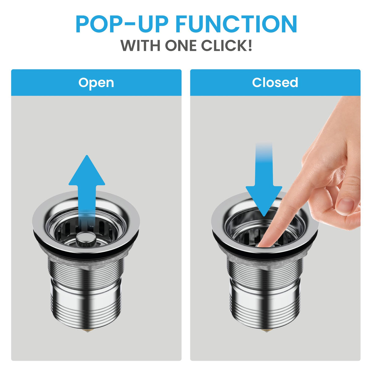 Bächlein Pop-Up Drain Fitting for the Sink, Diameter 70 mm without Overflow, Kitchen Sink, Polished Stainless Steel, Strainer Basket Valve, Basket Valve