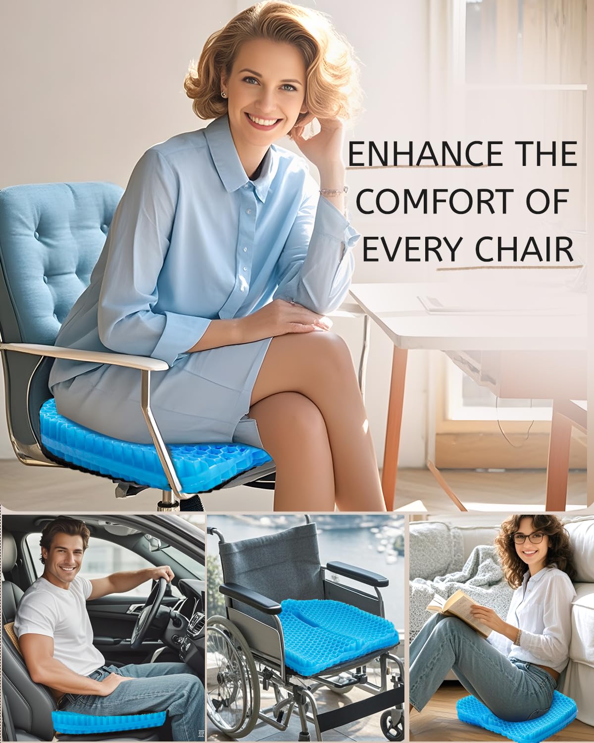 Anzeng Gel Seat Cushion for Long Sitting & Hip Pain Relief (Large Size) - Cooling 3D Cushions for Office Chair, Car, Wheelchair, Breathable & Non-Slip Cover with Pressure Relief Technology
