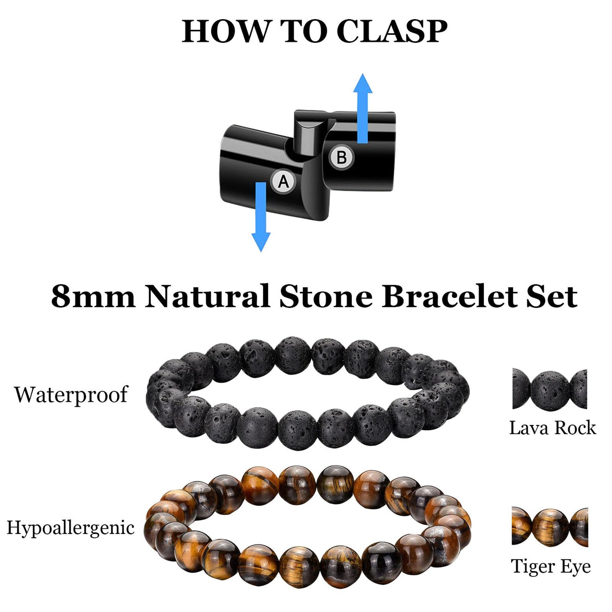 LOWNOUR Mens Bracelet Set Black Leather Bracelets for Men Tiger Eye Bracelet 8mm Lava Rock Beaded Bracelets Adjustable Stretch